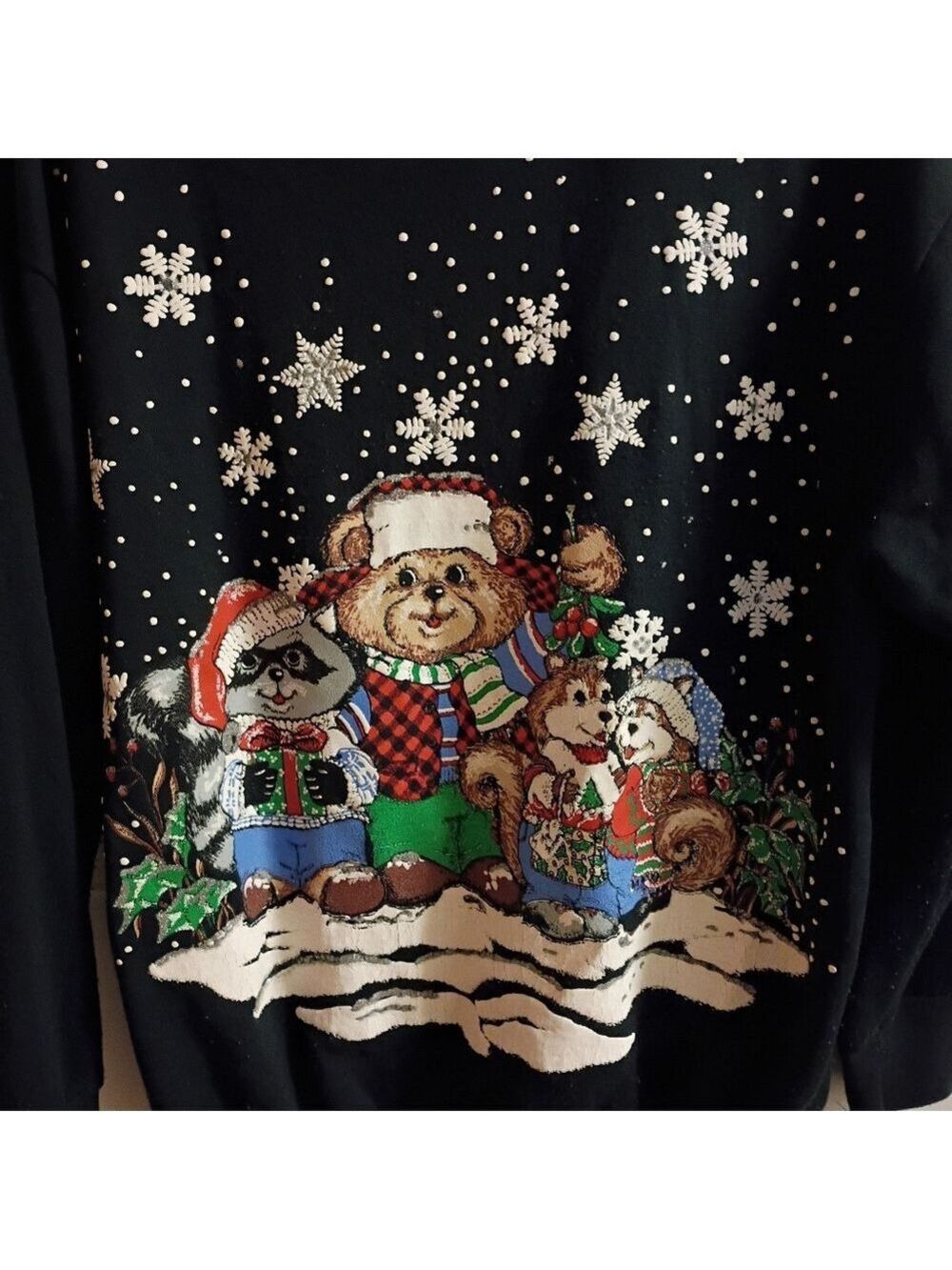 2/$10 Vintage Bear & Friends Holiday Christmas Faux Layered Crewneck Sweater - Picture 2 of 9